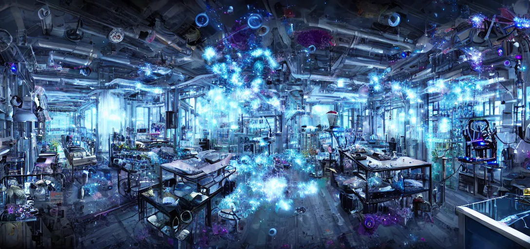 Prompt: biopunk laboratory, flying particles, 8k digital art, trending