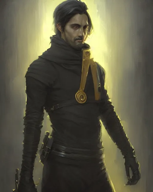 Prompt: male rogue, black clothes, golden hair, grey skin, dnd character | | realistic shaded, fine details, realistic shaded lighting painting by greg rutkowski, diego gisbert llorens, magali villeneuve, artgerm, jeremy lipkin, michael garmash, rob rey