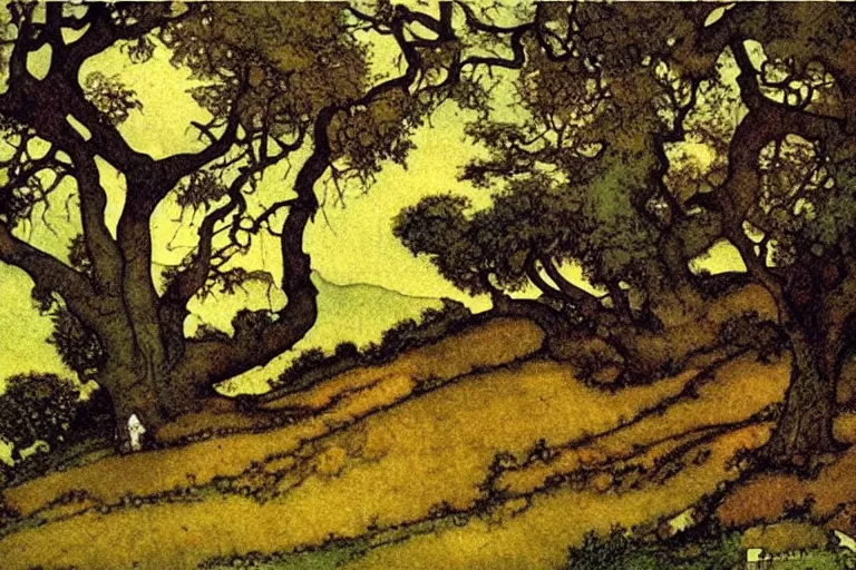 Prompt: masterpiece painting of oak trees on a hillside overlooking a creek, dramatic lighting, by edmund dulac