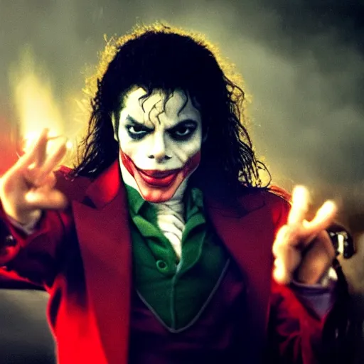 Image similar to stunning awe inspiring michael jackson as the joker, movie still 8 k hdr atmospheric lighting