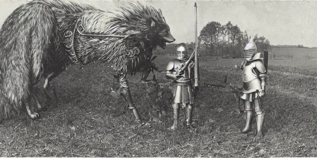 Image similar to anthropomorphic furry wolf in armor standing in front of a farm, 1900s picture