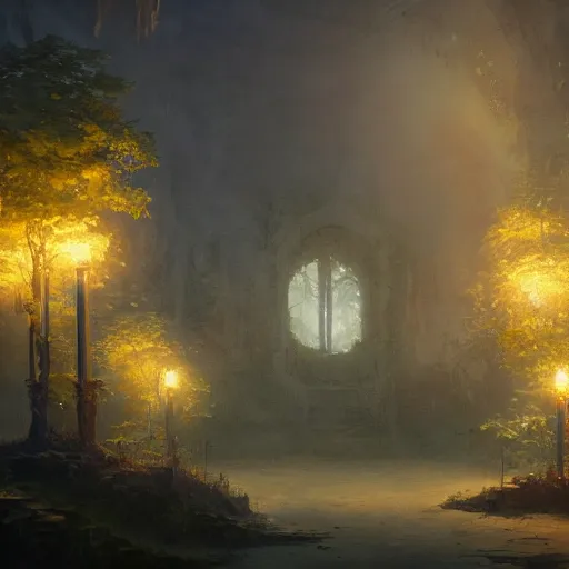 Image similar to Concept art, beautiful painting of a gingko tree, shining its light among candles, 8k, james gurney, greg rutkowski, john howe, artstation