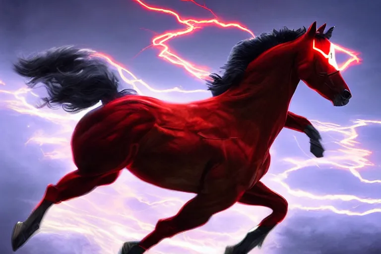 Image similar to a stunning digital painting of a horse as the flash in spandex costume, running in the speedforce by greg rutkowski, volumetric light, digital art, fine detail, photorealistic