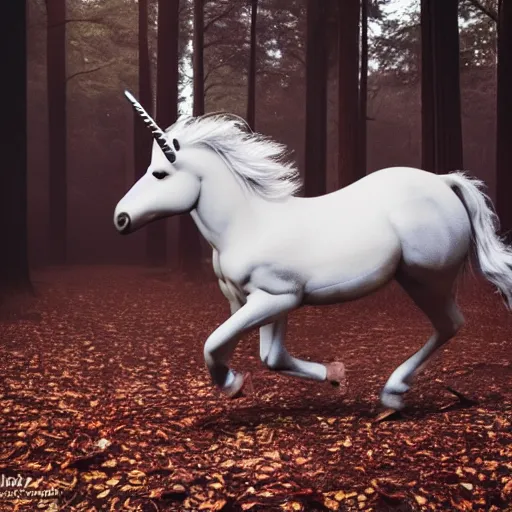 Image similar to unicorn running in a forest, shallow depth of field, moody lighting, 8 k, concept art,