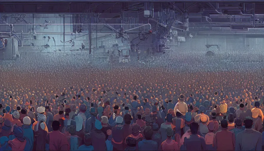 Prompt: a beautiful highly detailed matte painting close up of a crowd watching a boxing match with robots in a factory, punk styling by atay ghailan, cliff chiang, loish and goro fujita, silver, silver, brown, black, blue and cyan mystical tones, featured on artstation, featured on behance, grunge aesthetic