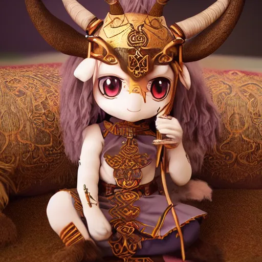 Image similar to cute fumo plush of a goat girl with horns, anime girl, tribal outfit with intricate celtic knot patterns, golden pauldrons, gothic maiden, artstation, vray