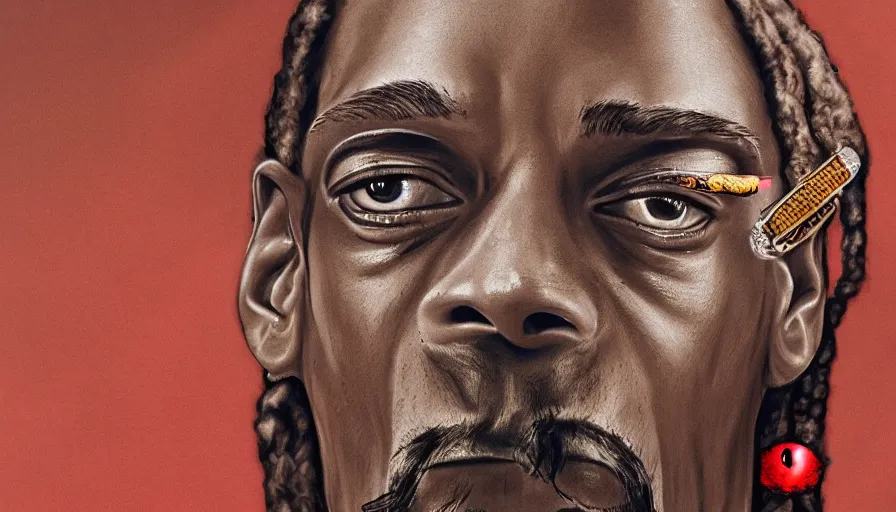 Image similar to Snoop Dogg smiled sweetly red eyes, nothing superfluous, photorealism