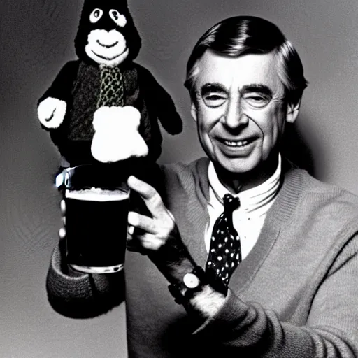 Prompt: mr. rogers proudly displaying a pint - sized slimy flesh demon. 1 9 7 0 s studio photo.