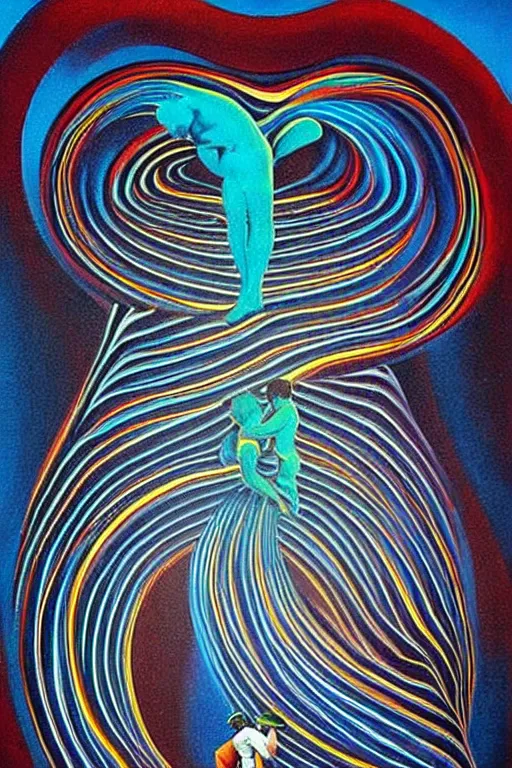 Prompt: optical illusion painting of a couple dancing in a worm hole, illusionism, look twice, mind blow, by damien gilley and salvador dali, detailed