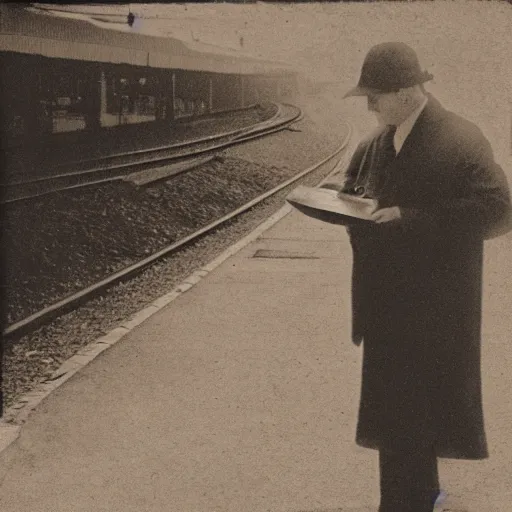 Image similar to turn of the century sepia photo of a man waiting at the train station while holding an ipad