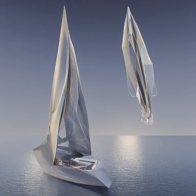 Image similar to octane render portrait by wayne barlow and carlo crivelli and glenn fabry, a futuristic sailboat with sails made out of clear iridescent plastic, cinema 4 d, ray traced lighting, very short depth of field, bokeh