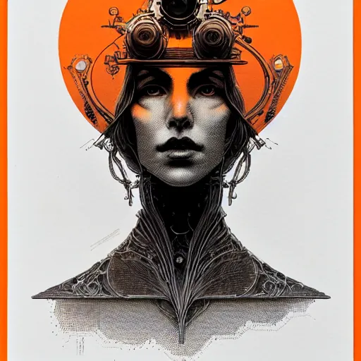 Image similar to portrait top light, by killian eng and joe fenton and martin deschambault and conrad roset, inspired by victorian steampunk, orange and grey only, etching and paint wash, fine sharp high detail,