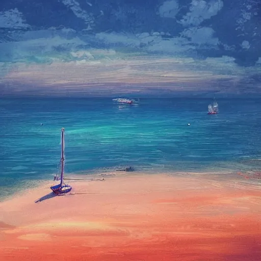 Prompt: a ship docking on the beach next to an island, in the style of alena aenami,