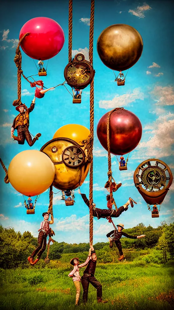 Image similar to large colorful vintage steampunk balloons with people on rope swings underneath, flying high over the beautiful countryside landscape, professional photography, 8 0 mm telephoto lens, realistic, detailed, digital art, unreal engine