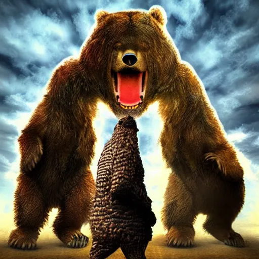 Image similar to ! dream a giant angry bear vs. godzilla in the city, photomanipulation, photoshop, digital art