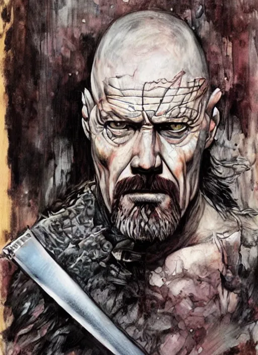 Prompt: portrait of walter white as conan the barbarian by frank frazetta and harumi hironaka