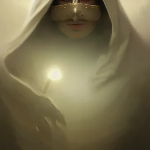 Prompt: epic portrait an hooded woman wearing a mask with closed eyes, broad light, ambient occlusion, volumetric light effect, made by ivan aivazovsky, peter mohrbacher, greg rutkowski, matte painting, trending on artstation, 4 k, perfectly defined features, digital painting,