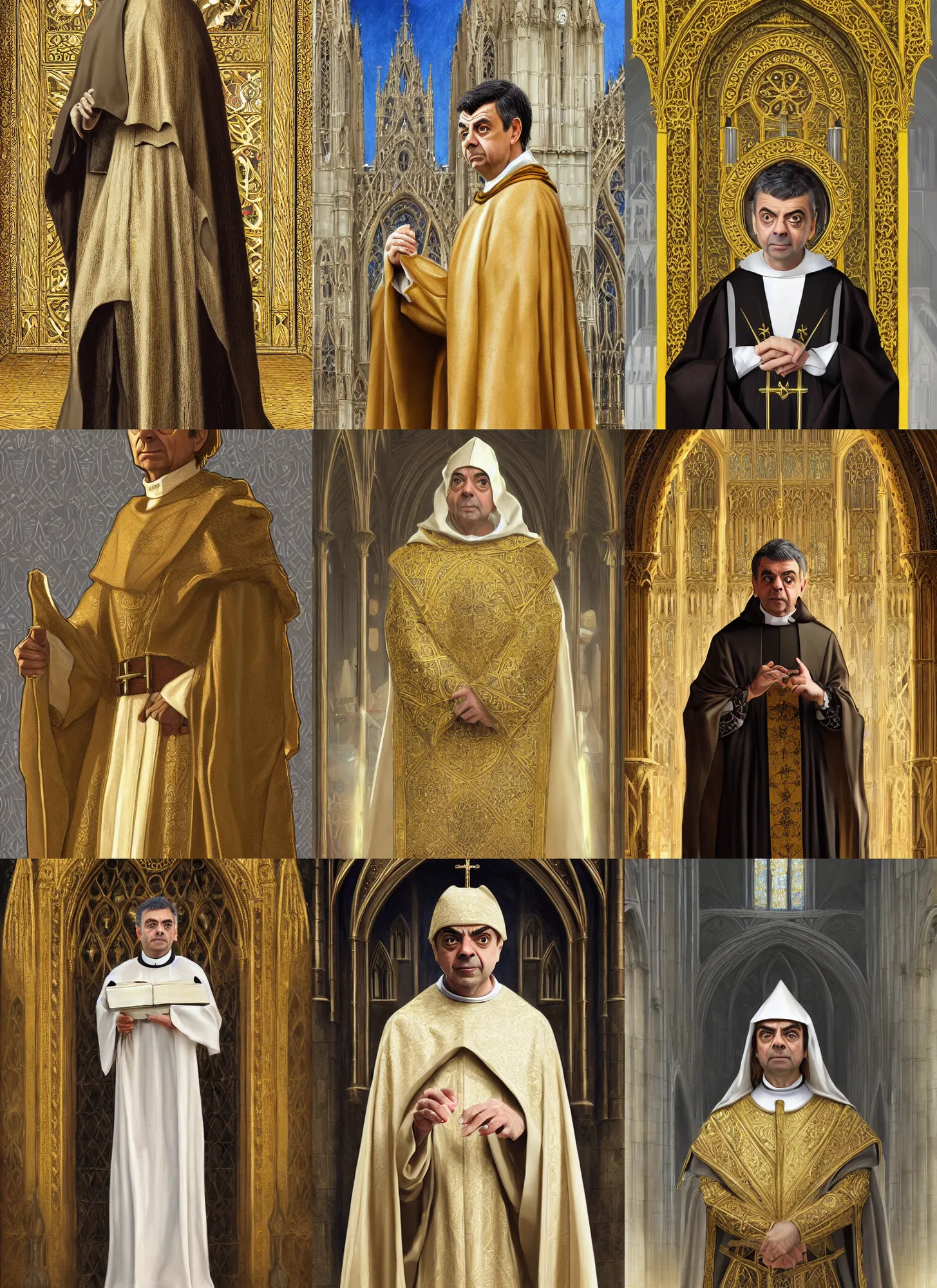 Prompt: rowan atkinson as medieval bishop, gold an white cloth, cathedral background, intricate, elegant, highly detailed, digital painting, artstation, concept art, smooth, sharp focus, illustration, artgerm, rutkowski, mucha