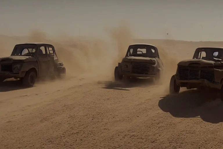 Image similar to epic sandstorm battle, Renault 4 cars in the Movie Mad Max: Fury Road (2015)