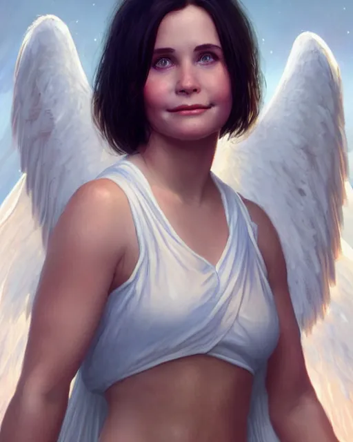 Image similar to cute young slightly chubby courtney cox as a heavenly angel, anatomy, bathed in light, highly detailed, photorealistic, artstation, smooth, sharp focus, illustration, unreal engine 5, 8 k, art by artgerm and greg rutkowski and edgar maxence