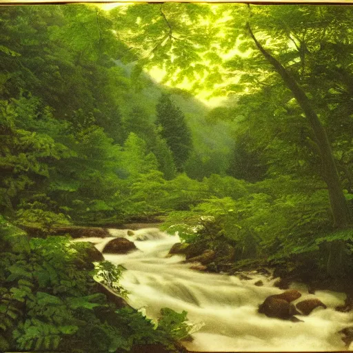 Image similar to a river running through a lush green forest, a jigsaw puzzle by shirley teed, featured on flickr, hudson river school, photo taken with ektachrome, creative commons attribution, photo taken with provia