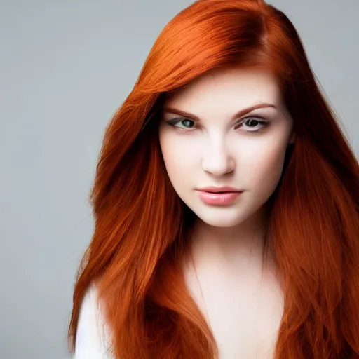 Image similar to a very beautiful young woman with auburn hair with a streak of white