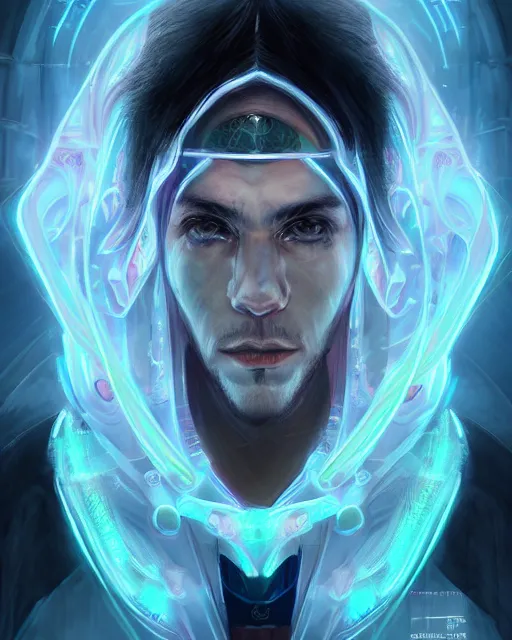 Image similar to incubus, male, neon opal robes, beautiful, cyberpunk, super detailed, very ornate, glow, by stjepan sejic, tom badshaw, greg rutkowski, realistic, symmetrical face, 8 k, sharp focus