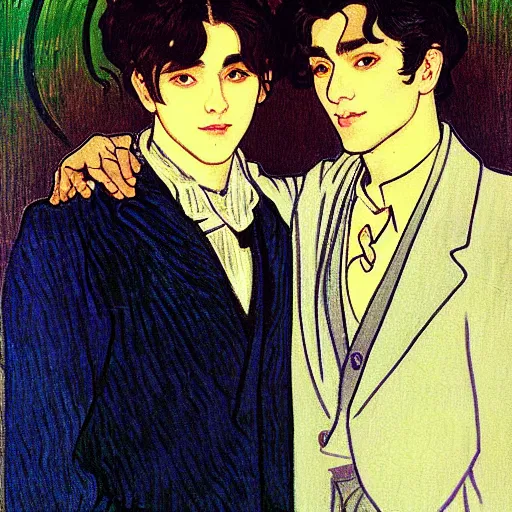 Image similar to painting of young cute handsome beautiful dark medium wavy hair man in his 2 0 s named shadow taehyung and cute handsome beautiful min - jun together at the halloween! party, bubbling cauldron!, candles!, ghosts, autumn! colors, elegant, wearing suits!, clothes!, delicate facial features, art by alphonse mucha, vincent van gogh, egon schiele