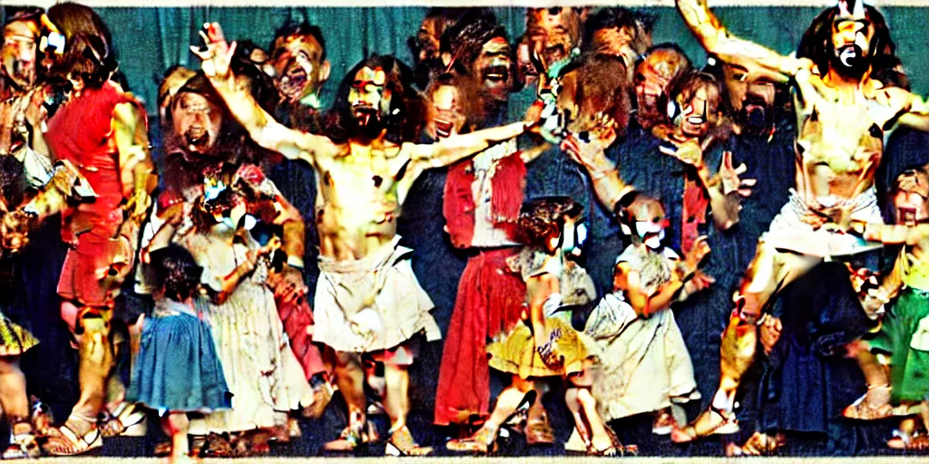 Image similar to mascot versions of jesus dancing at a disco, by norman rockwell