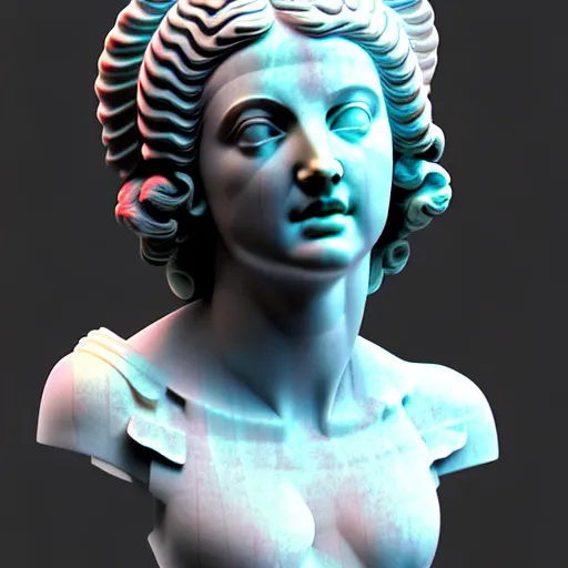 Image similar to sci - fi cgartist wide shot anaglyph ambient occlusion rendering of a hyper realistic marble greek statuary beautiful goddess glowing with embedded leds head product photo bright white backdrop high key colored lighting, trending on artstation volumetric lighting