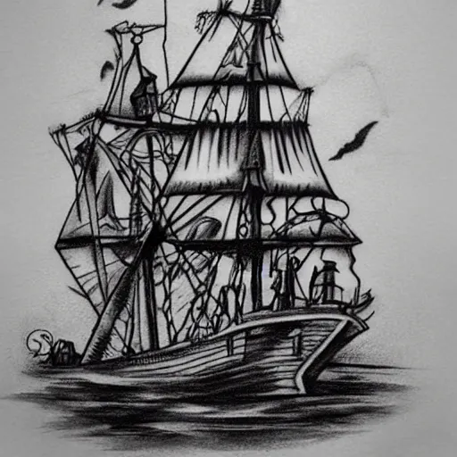 Image similar to realism tattoo design sketch of a pirate ship, in the style of Niki Norberg