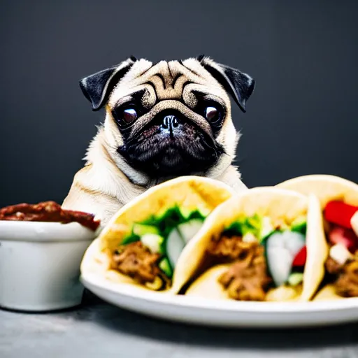 Prompt: a pug eating a taco