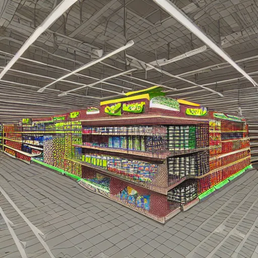 Image similar to four dimensional architectural rendering illustration of non-euclidean geometry grocery store aisle, surrealism optical illusion