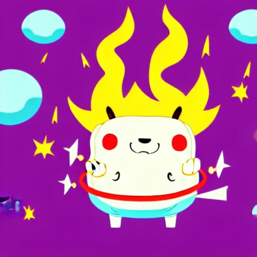 Image similar to kawaii wacky fluffy popcorn with lightning bolt power, yokai, in the style of an adventure time character, with a smiling face and flames for hair, sitting on a lotus flower, white background, simple, clean composition, symmetrical