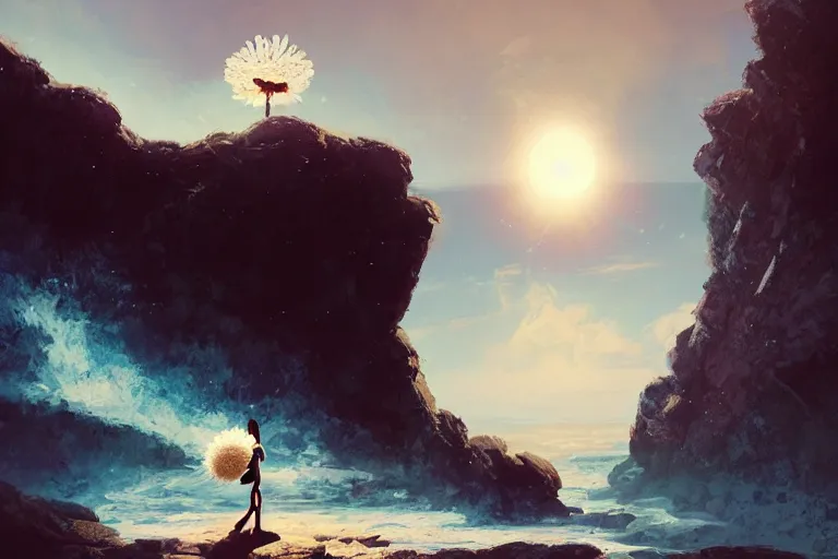 Image similar to giant white daisy flower over head, girl standing on rocky cliff, surreal photography, solar eclipse, milky way, dramatic light, impressionist painting, colorful clouds, digital painting, artstation, james gilleard, liam wong, jeremy mann, simon stalenhag