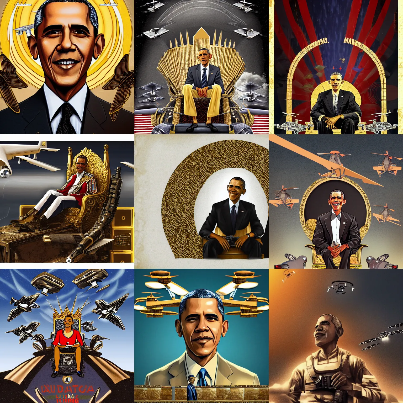 Prompt: vintage digital illustration of Barack Obama (played by Barack Obama) The Drone King sitting in the sky on a golden throne with MQ-1 Predator Drones (military) flying out from under it, intricate details, Key Art, award winning, Artstation, sharp, Hyperdetailed, 8k resolution.