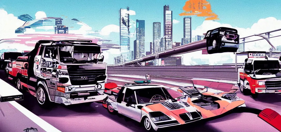 Prompt: a bosozoku truck speeding down a futuristic motorway, style of syd mead