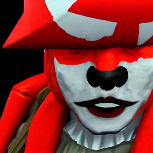 Prompt: image of ronald mcdonald, white face, red afro, red nose and yellow outfit as an enemy in metal gear solid 1 video game, with low poly playstation 1 graphics, upscaled to high resolution