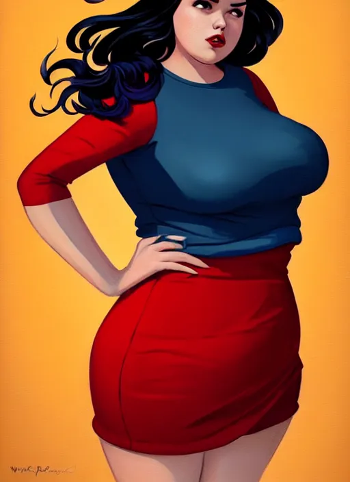 Image similar to full body portrait of teenage veronica lodge, obese, bangs, sultry, realistic, sultry smirk, wavy hair, red skirt, fat, belly, intricate, elegant, glowing lights, highly detailed, digital painting, artstation, concept art, smooth, sharp focus, illustration, art by wlop, mars ravelo and greg rutkowski