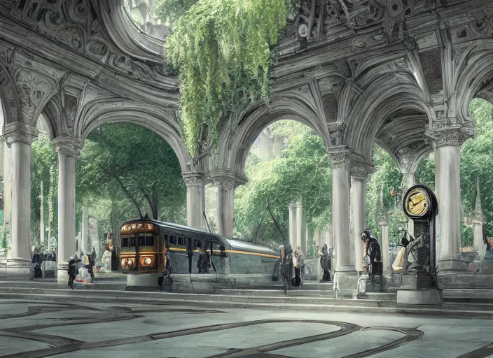 Image similar to A train subway inside a beautiful elven city made of white marble, anime, lush trees, fountain, statue, big clock, information desk, trains, train tracks, a fantasy digital painting by Greg Rutkowski and James Gurney, trending on Artstation, highly detailed