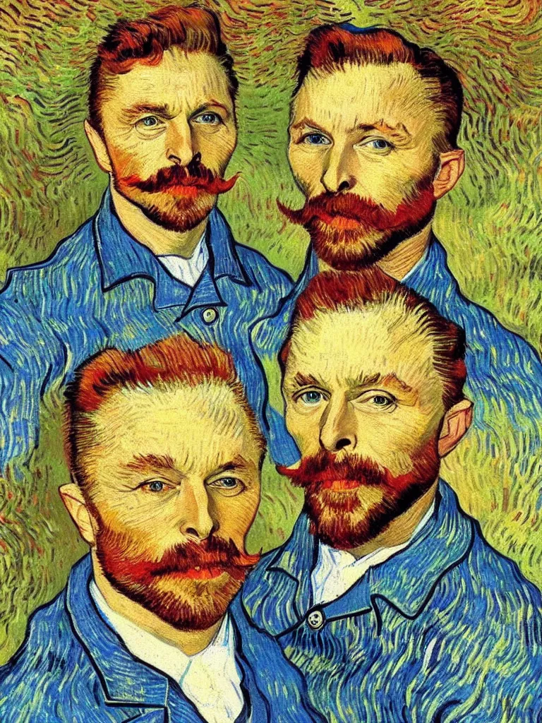 Image similar to a beautiful portrait of Elon Musk with a moustache, painted by vincent van gogh, impasto oil painting