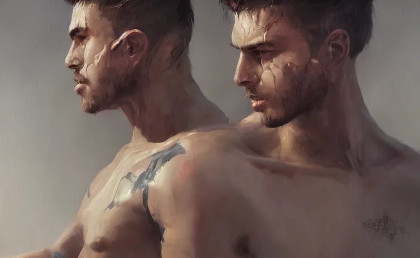 Image similar to a painting of arkul trending on artstation in the style of greg rutkowski, beautiful, male, sensual, natural skin, muscular, stubble, warrior, tattoos