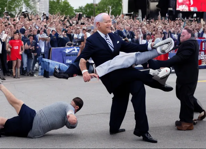 Image similar to Joe Biden kicks a fat man in the face, 8K, high quality, highly detailed