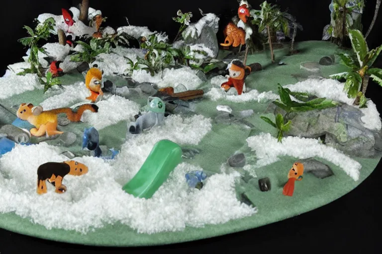 Prompt: fisher price pool table snowy jungle scene Scene from TV show 55mm