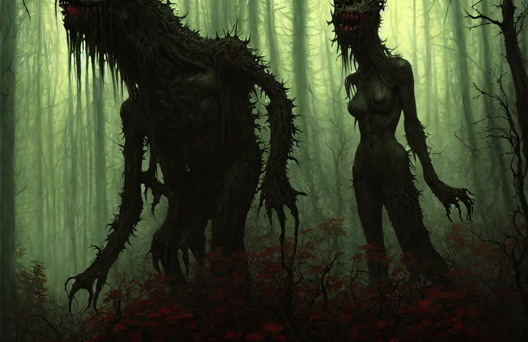 Image similar to monster inside a dark horror forest, heroic lighting, folklore, intricate, elegant, highly detailed, lifelike, photorealistic, digital painting, artstation, illustration, concept art, smooth, sharp focus, art by John Collier and Albert Aublet and Krenz Cushart and Artem Demura and Alphonse Mucha