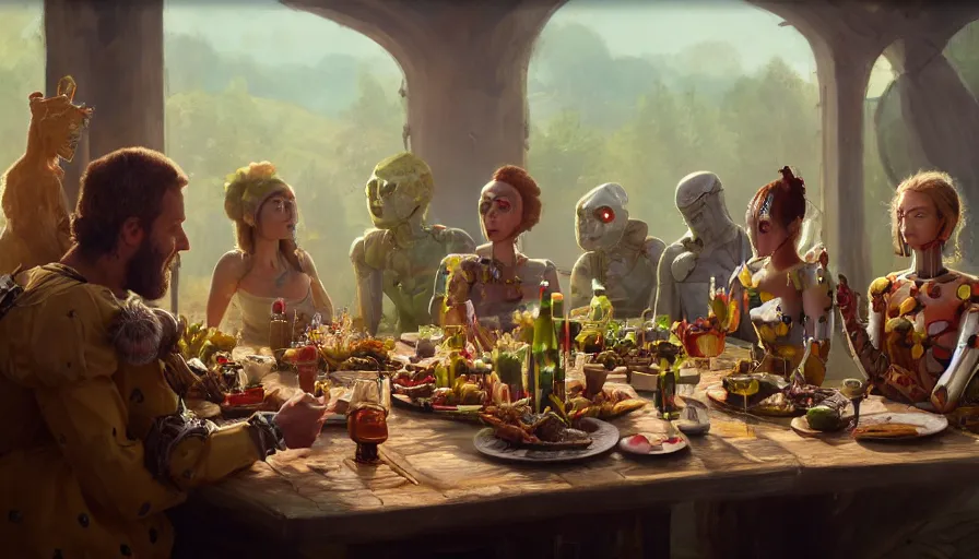 Prompt: a table dinner of humanoid robots where robots are dressed like the characters from the midsommar movie, realistic detailed digital art by maxwell boas jessica rossier christian dimitrov anton fadeev trending on artstation cgsociety rendered in unreal engine 4 k hq