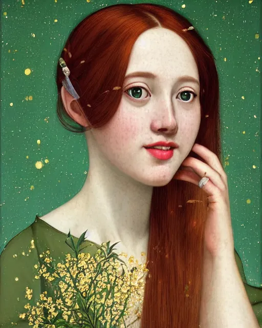 Image similar to a happy, modern looking young woman looking over shoulder, wonderful detailed dress, among the lights of golden fireflies and nature, long loose red hair, intricate details, green eyes, small nose with freckles, triangle shape face, smiling, golden ratio, high contrast, hyper realistic digital art by artemisia lomi gentileschi and caravaggio and artgerm.