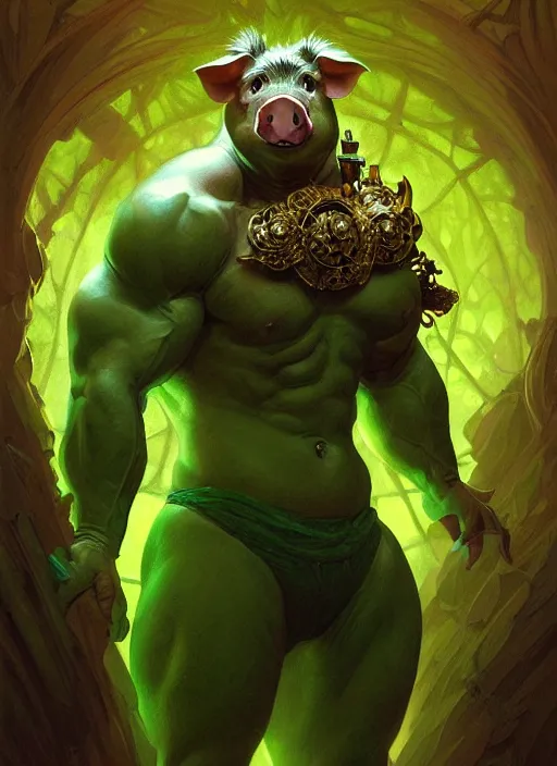 Prompt: portrait of aggressive pig humanoid, d & d, muscular! green, fantasy, intricate, elegant, highly detailed, digital painting, artstation, concept art, smooth, sharp focus, illustration, art by artgerm and greg rutkowski and alphonse mucha