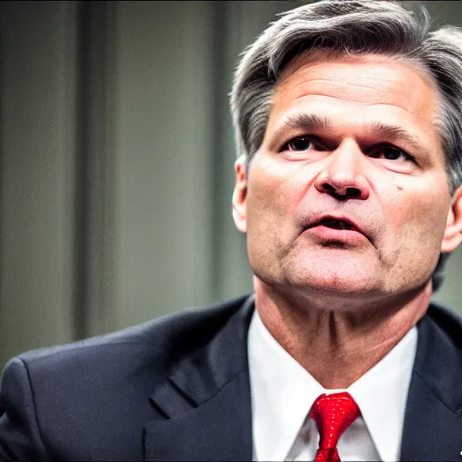 Image similar to fbi director Christopher wray getting scolded by a judge, photo 85mm, f/1.3