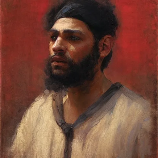 Image similar to Solomon Joseph Solomon and Richard Schmid and Jeremy Lipking Middle eastern genre painting portrait painting of a young handsome man in ancient Canaanite costume, red background